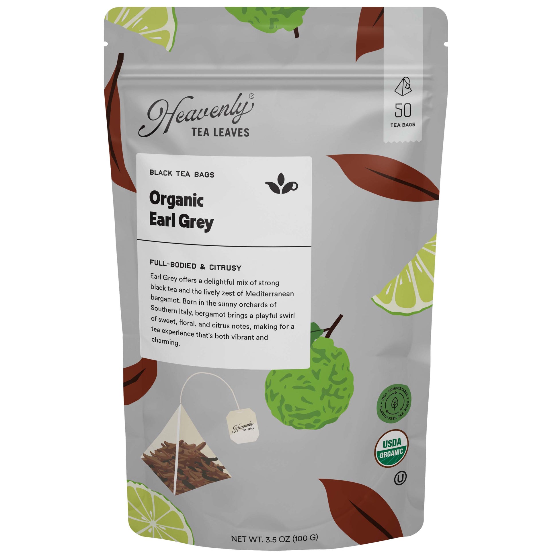 Organic Earl Grey, Compostable Pyramid Black Tea Bags, 50 Count | Heavenly Tea Leaves