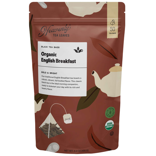 Organic English Breakfast, Compostable Pyramid Black Tea Bags, 50 Count | Heavenly Tea Leaves