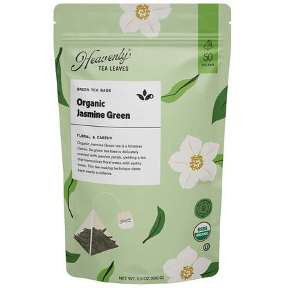 Organic Jasmine Green, Compostable Pyramid Green Tea Bags, 50 Count | Heavenly Tea Leaves