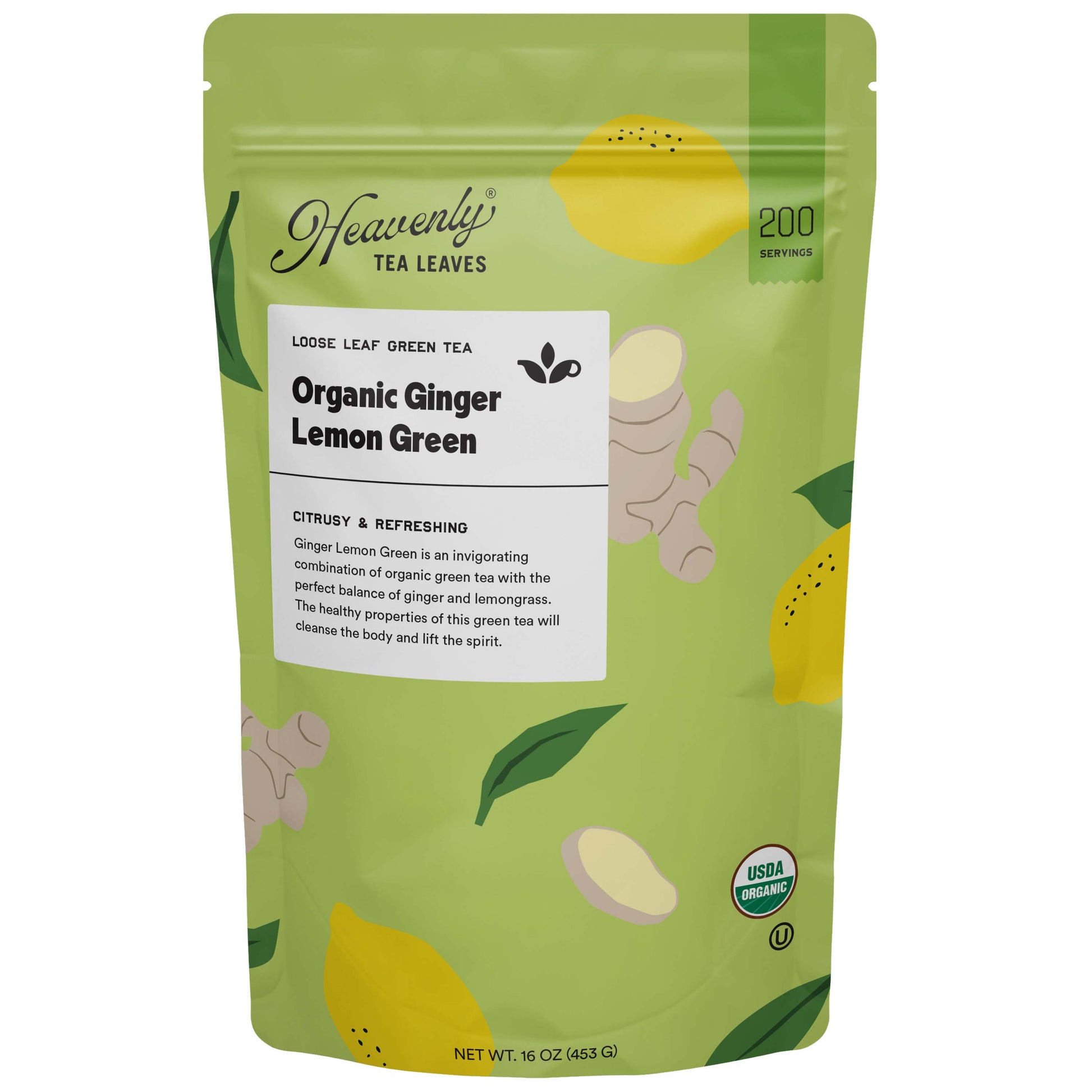 Organic Ginger Lemon Green, Bulk Loose Leaf Green Tea, 16 Oz. - USDA Organic & OU Kosher - Premium Loose Leaf Green Tea - Heavenly Tea Leaves