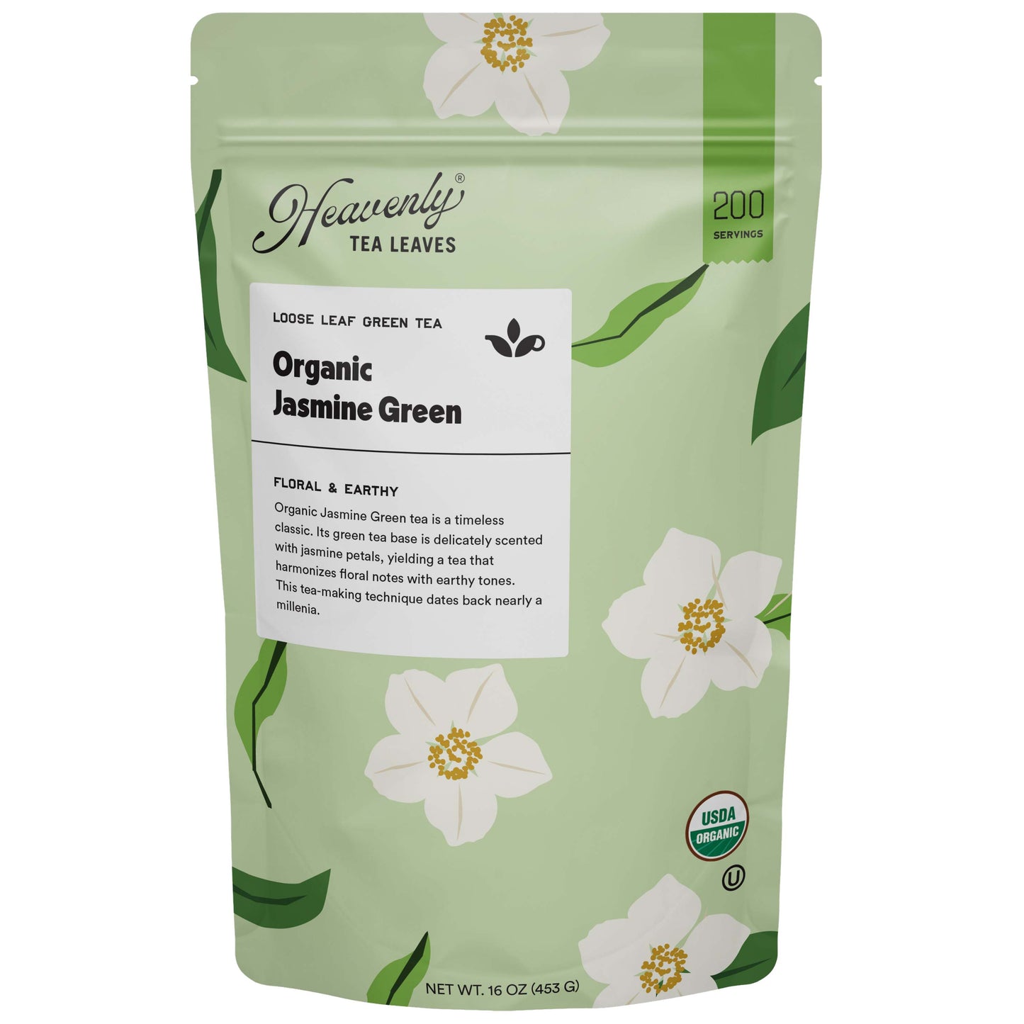 Organic Jasmine Green, Bulk Loose Leaf Green Tea, 16 Oz. - USDA Organic - Single Origin - Premium Organic Loose Leaf Tea - Loose Leaf Green Tea | Heavenly Tea Leaves