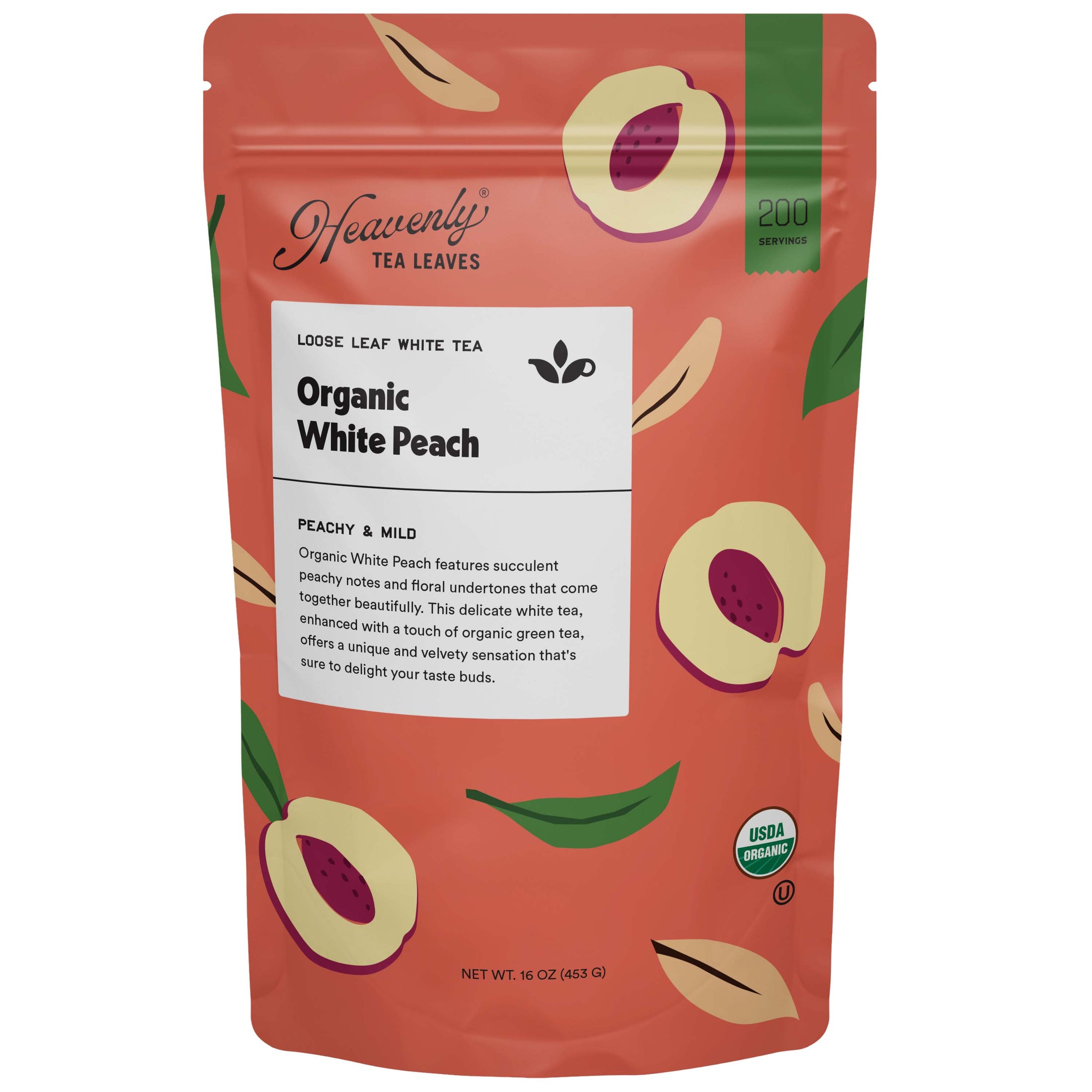  Organic White Peach - Premium Loose Leaf White Tea - Fruity, Great For Hot & Iced Tea | Heavenly Tea Leaves