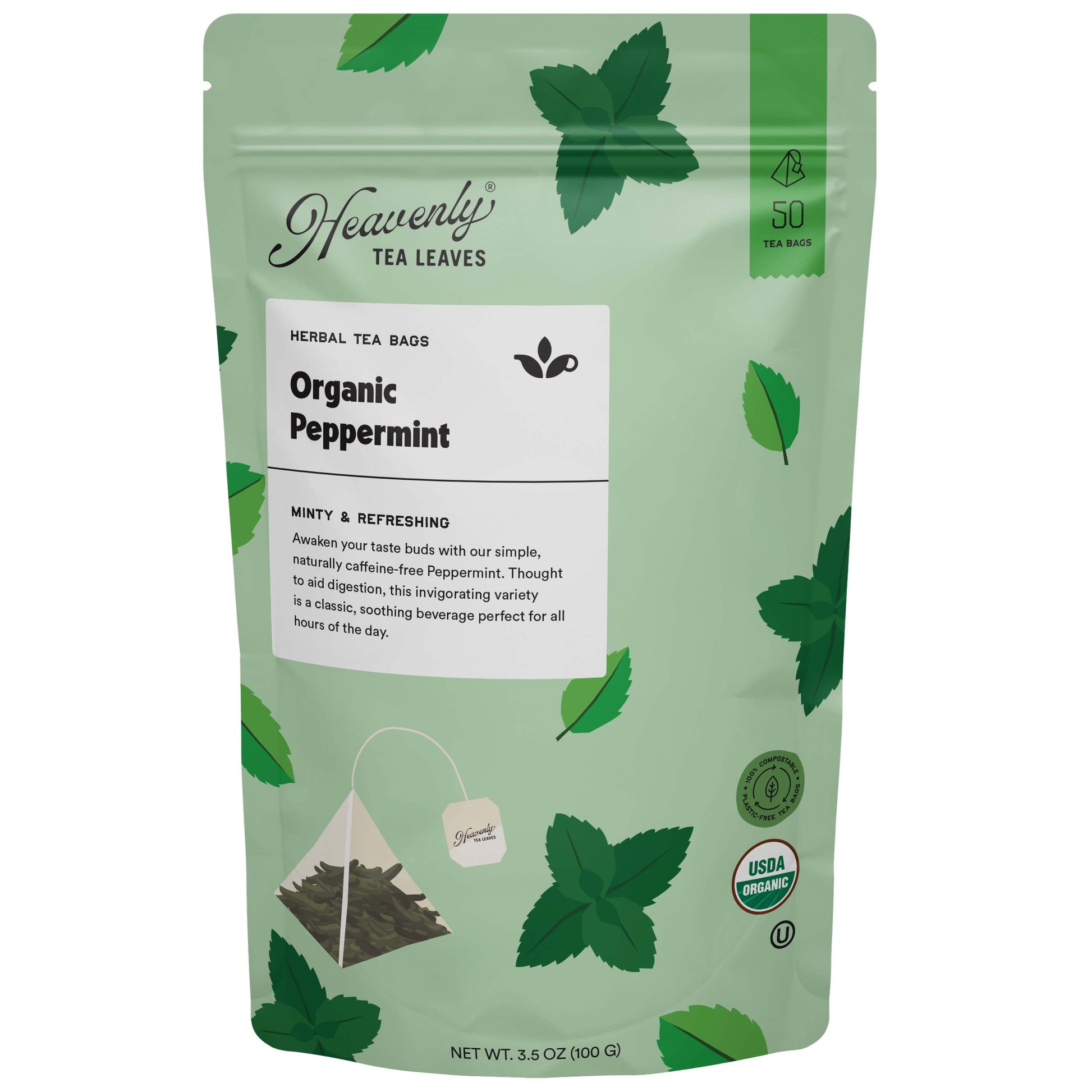 Organic Peppermint, Compostable Pyramid Herbal Tea Bags, 50 Count | Heavenly Tea Leaves